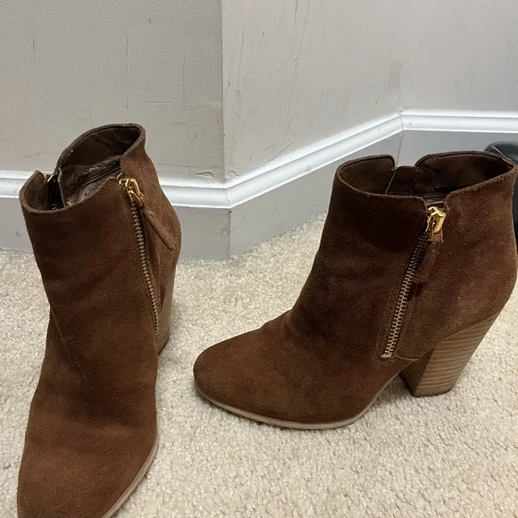Michael Kors Brown Leather Booties Women Michael Kors brown boots, gold zip main image 1